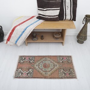 Handmade Turkish Oushak Wool Door Mat: Vintage Mini Rug (1x3 ft)