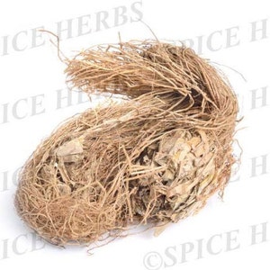 May include: A close-up of a bundle of dried vetiver roots, a natural ingredient used in aromatherapy and traditional medicine.