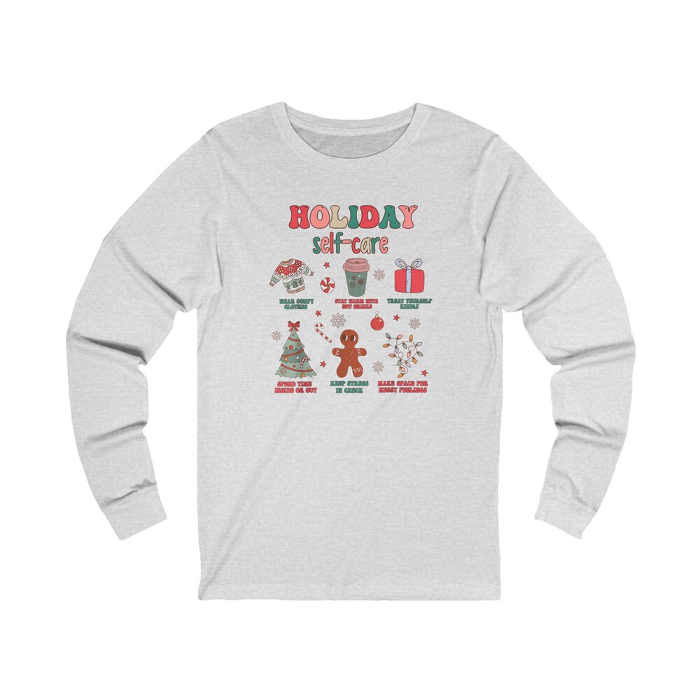 Holiday Self Care Unisex Jersey Long Sleeve Tee, Mental Health Shirt, Mental Health Christmas Gift, Therapist Gift, Psychiatrist Christmas
