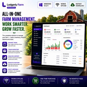 Peut inclure: Un ordinateur portable affichant le tableau de bord Ledgerly Farm Professional avec des graphiques financiers, des répartitions de dépenses et des listes de tâches. L'écran présente le texte All-In-One Farm Management, Work Smarter, Grow Faster et des icônes.