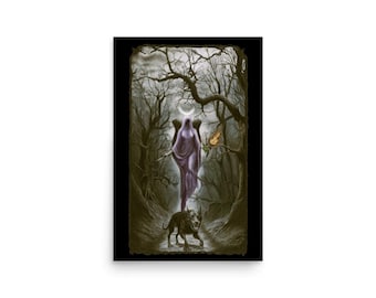 May include: A poster featuring a gothic illustration of a robed figure with a crescent moon above their head, walking through a dark forest. A black dog walks in front of the figure. The artwork has a dark, mystical theme.