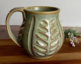 Coffee or Tea Bulb Mug | Handmade and hand carved pottery stoneware mug in green