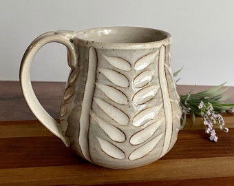 Coffee or Tea Bulb Mug | Handcarved pottery stoneware mug in white