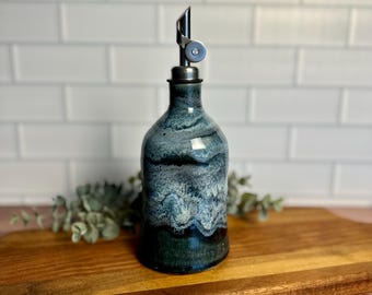 Handmade Stoneware Olive Oil Dispenser in Blue Splash