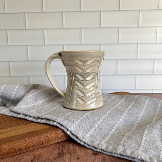 Handmade and Hand-carved Stoneware 12 ounce Coffee Mug | White and Gray Glaze
