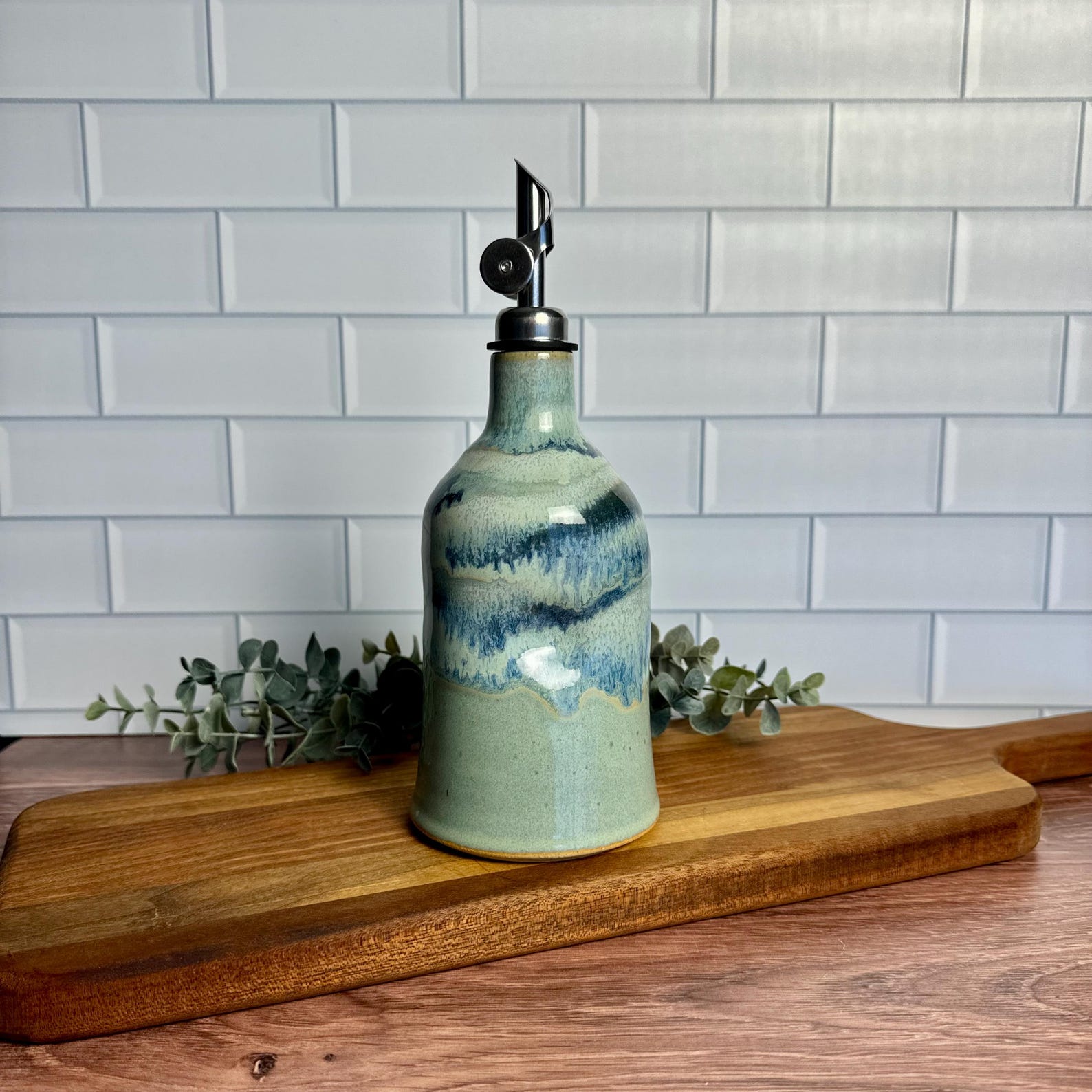 Handmade Stoneware Olive Oil Dispenser in Green Splash