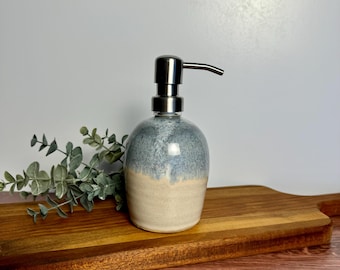 Pottery Soap Dispenser | Handmade pottery soap pump in blue and cream