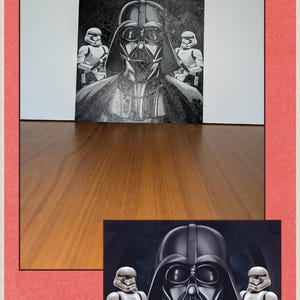 Peut inclure: Œuvre d'art représentant Dark Vador et des Stormtroopers. L'image du haut est un dessin en noir et blanc de Dark Vador avec deux Stormtroopers. L'image du bas est une illustration en couleur de Dark Vador avec deux Stormtroopers. Les images sont sur fond rouge.