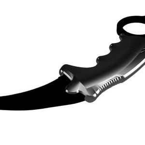May include: A black karambit knife with a curved blade and a finger ring. The handle is ergonomically designed with finger grooves for a secure grip. The knife is set against a white background.
