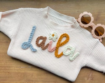Custom Name Sweater, Personalized Name Sweater, Hand Embroidered Baby Sweater, Baby Announcement, Custom Baby Gift, Chunky Knit