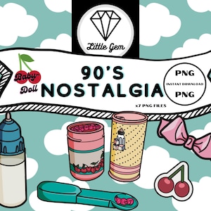 May include: A set of 7 digital clipart images in PNG format featuring 90's nostalgia themes. The images include a baby doll, a bottle, a jar of baby food, a can of formula, a spoon, a cherry, and a bow. The images are in a cartoon style and are perfect for scrapbooking, card making, and other craft projects.