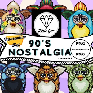 Puede incluir: Seis juguetes interactivos para mascotas de estilo años 90 de colores. Cada juguete es de un color diferente y tiene una expresión diferente en su cara. Los juguetes están dispuestos en círculo alrededor de una pancarta que dice "Nostalgia de los 90" e "Interactive Pet".