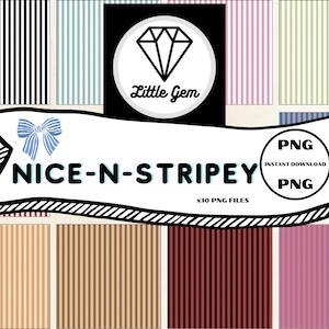 May include: Digital paper pack featuring various striped patterns in colors like black, blue, pink, and brown. The image includes a logo with a diamond and the text "Little Gem", and a banner that says "NICE-N-STRIPEY" with a bow.