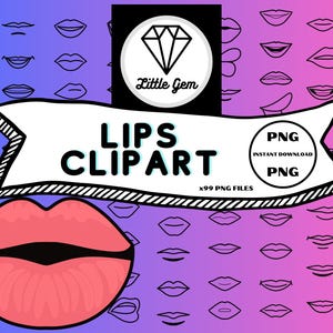 Op de afbeelding: Een digitale clipartset met 99 verschillende lipvormen in zwart en wit. De lippen zijn gerangschikt in rijen op een paarse en roze gradiëntachtergrond. De tekst "Lips Clipart" staat in een witte spraakballon met een zwarte omtrek. De tekst "x99 PNG Files" staat onder de spraakballon. De tekst "PNG Instant Download PNG" staat in een witte cirkel met een zwarte omtrek.