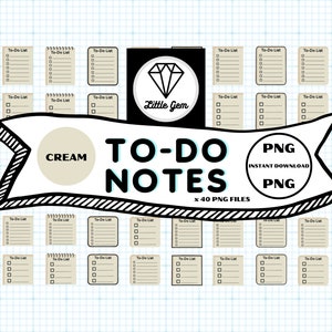 May include: A set of 40 printable to-do list note templates in cream color. The notes are designed with a simple, minimalist style and are perfect for organizing tasks and projects. The image includes the text "TO-DO NOTES" and "x 40 PNG FILES".
