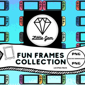 May include: A set of 12 fun frames featuring a Nintendo Switch design in various colours. The frames are PNG files and are ideal for adding a playful touch to your digital projects.