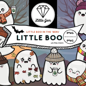 Cartoon geesten met mutsen en sjaals - Schattig spook/spookachtig/Halloween/herfst/herfst - x 8 png-bundel - directe digitale download - LittleGemDesignsGB