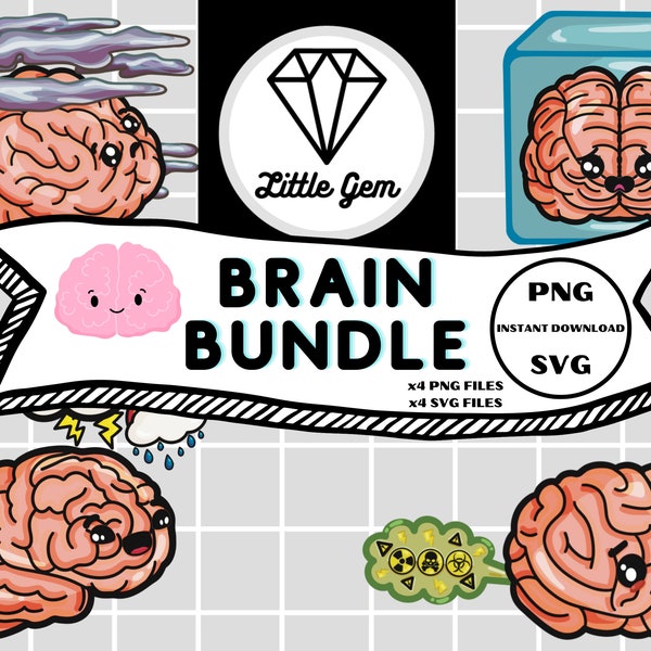 Cartoon Brain Clipart - Brain Fog/Brain Freeze/Brainstorm/ Brain Fart - x4 PNG x4 SVG Bundle - Instant Digital Download - LittleGemDesignsGB