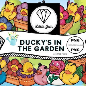 May include: A set of 21 digital clipart images of rubber ducks in a garden setting. The ducks are in various colors and poses, with some wearing flowers and others holding gardening tools. The text "Ducky's in the Garden" is displayed in a banner above the ducks.