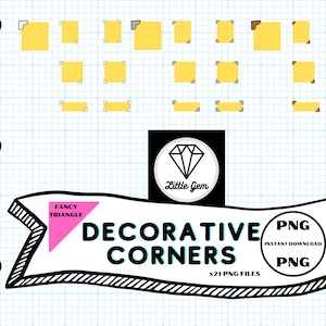 May include: A set of 21 decorative corner PNG files in yellow and brown. The corners are in various shapes, including triangles, squares, and rectangles. The text "Fancy Triangle" and "Decorative Corners" is displayed on a banner. The text "PNG Instant Download" is displayed in a circle.