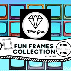 Könnte beinhalten: Ein Set mit 12 Retro-Fernsehrahmen in verschiedenen Farben, darunter Blau, Rot, Grün, Gelb und Lila. Die Rahmen sind pixelig und haben einen Vintage-Look. Der Text "FUN FRAMES COLLECTION" und "x12 PNG FILES" wird unter den Rahmen angezeigt. Der Text "PNG INSTANT DOWNLOAD PNG" wird in einem Kreis rechts neben den Rahmen angezeigt.