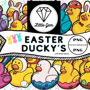 May include: A set of 20 digital clipart images of Easter ducklings in various colors and poses. The images are in PNG format and are available for instant download. The text "Easter Ducky's" is displayed on a banner with a diamond logo and the text "Little Gem".