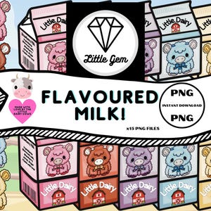Truskawka/czekolada/banan/borówka/winogrono Mleko w kartonie Clipart - Milkshake - x15 PNG Bundle - Natychmiastowe pobranie cyfrowe - LittleGemDesignsGB