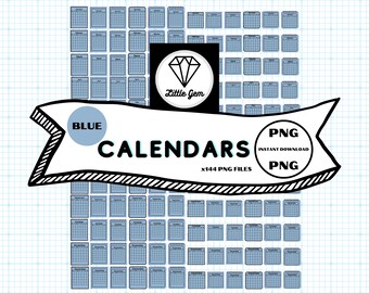 May include: A set of 144 blue calendar PNG files. The calendars are in a grid pattern and are ready for instant download. The text "BLUE CALENDARS x144 PNG FILES" is at the bottom of the image.