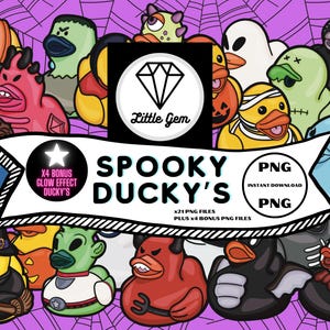 May include: A set of 21 spooky rubber ducky illustrations in various colors and designs, including a pumpkin, a ghost, a zombie, a vampire, a witch, a monster, a cat, and a glow-in-the-dark ducky. The illustrations are in a cartoon style and are perfect for Halloween decorations or crafts.