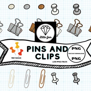 Digital Journal und Planner Sticker Pins und Clips Clipart - x20 PNG Bundle - Metallic Look - Sofortiger digitaler Download - LittleGemDesignsGB