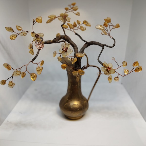 Citrine Gemstone Tree in an Etched Brass Mini Pitcher/Vase