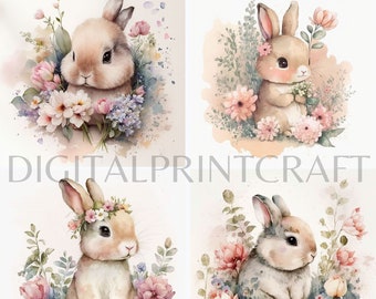Bunny Flowers - 15 High Quality JPGs - Bunnie Clipart -Digital Planner, Junk Journaling,Watercolor Clipart-Commercial Use-Digital Download