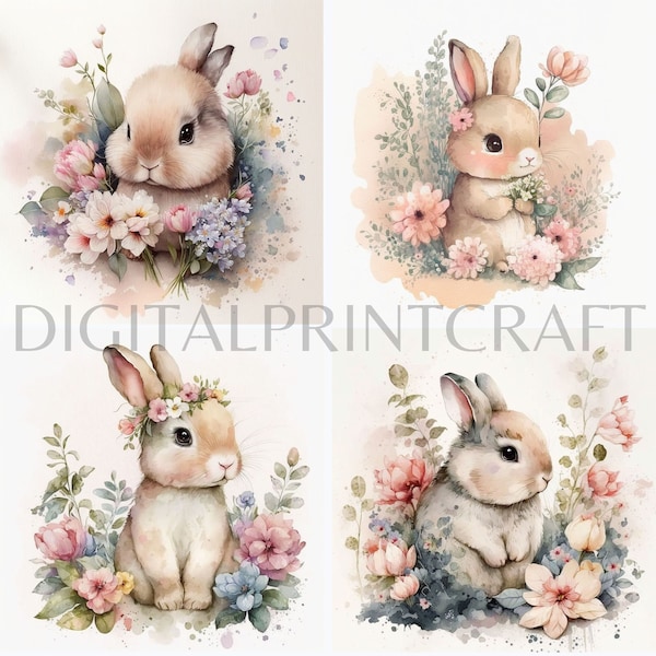 Hasen Blumen - 15 hochwertige JPGs - Bunnie Clipart - Digitaler Planer, Junk Journaling, Aquarell Clipart, kommerzielle Nutzung-Digitaler Download