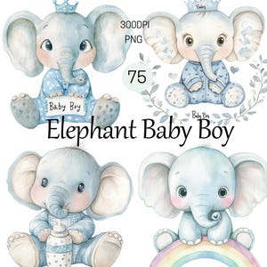 Elephant Clipart, Watercolor Baby Boy Elephant Illustration, Cute Elephant with Crown, Digital Download for Baby Shower,Nursery Art Decor