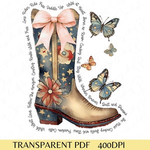 Botte de cowboy papillon bohème PNG, noeud Western Design, clipart coquette tendance, Illustration de botte de cow-girl vintage, téléchargement numérique par sublimation