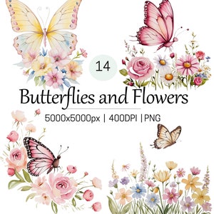 Floral Butterfly - Watercolor Butterflies Clipart- 14 PNG FILES - Butterfly Birthday Invitation - Spring Floral Designs - Digital Download