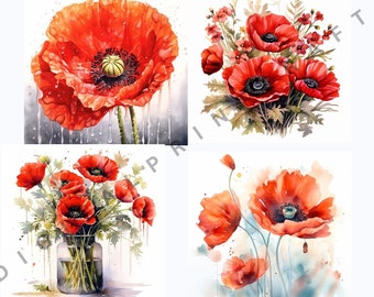 Watercolor Poppies Clipart -  23 High Quality JPGs - Floral Poppy Flowers and Bouquets in JPG - Instant Download - Commercial Use