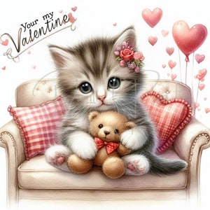Valentine Little Cat Clipart, 8 JPG Valentines Day Clipart, Valentines Cat Clipart, Sweet Animal, Instand Download, Commercial Use