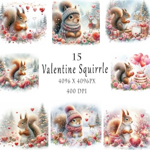 Valentine Squirrel Clipart, 15 JPG Valentines Day Clipart, Valentine Animal Clipart, Valentine Cake Clipart, Instand Download Commercial Use