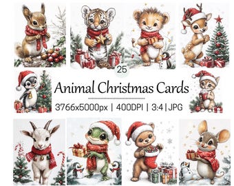 Christmas Card Clipart, Winter Animal Clipart, Printable Watercolor clipart, High Quality JPG,Digital download, Paper craft, junk journals