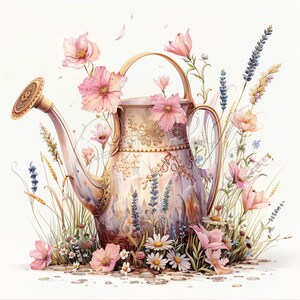 Shabby Chic Pink Watering Can, Flower Clipart, 11 High Quality JPGs, Printable Watercolor clipart,Digital download,Paper craft,junk journals