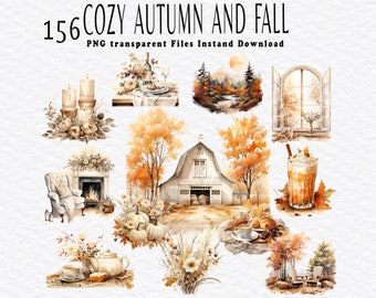 May include: A collection of 156 watercolor illustrations featuring cozy autumn and fall themes. The illustrations include a barn, pumpkins, a fireplace, a window, a cup of coffee, and more.