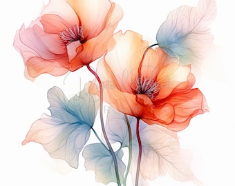May include: Watercolor painting of two large, translucent orange and red flowers with delicate petals and detailed centers. The flowers have long stems and are accompanied by blue-green leaves, all set against a white background.