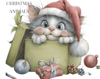 Cute Christmas Animal Clipart Bundle | 28 Cozy Hand-Painted Woodland & Farm Animals with Santa Hats| PNG 400 DPI for Cards, Stickers, Crafts