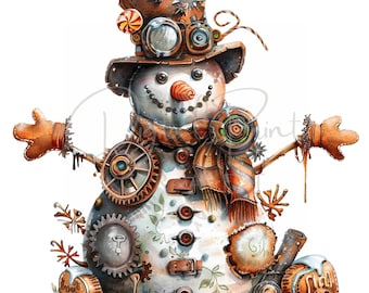 14 Steampunk Christmas Gingerbread Clipart, Snowman House Watercolor PNG, Ideal For Postcards, Junk Journal. Wall Art, Digital Printable Art