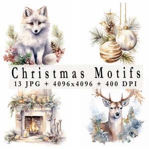 Christmas Motifs Clipart, 13 JPGs, Christmas Animals, Winter JPG, Digital Download, Commercial License, Card Making, Digital Paper Craft