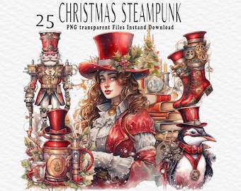 Christmas Steampunk Clipart Printable, Watercolor Futuristic Victorian Era Art Print Junk Journal watercolor Digital Download Commercial Use