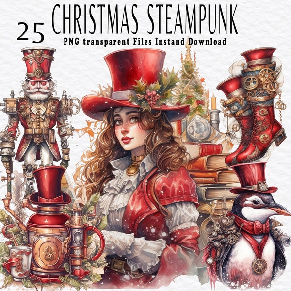 Christmas Steampunk Clipart Printable, Watercolor Futuristic Victorian Era Art Print Junk Journal watercolor Digital Download Commercial Use