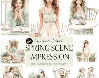 Spring Clipart, Springtime Illustration, Watercolor Floral Spring, Spring Season, Spring Scenes, For Junk Journal, Scrapbook, Commercial Use