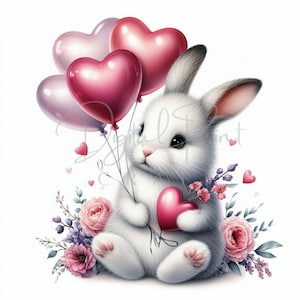 Globo de conejito de San Valentín, 11 imágenes prediseñadas del Día de San Valentín en formato JPG, pareja de San Valentín, animal de San Valentín, flores, regalo de San Valentín, uso comercial